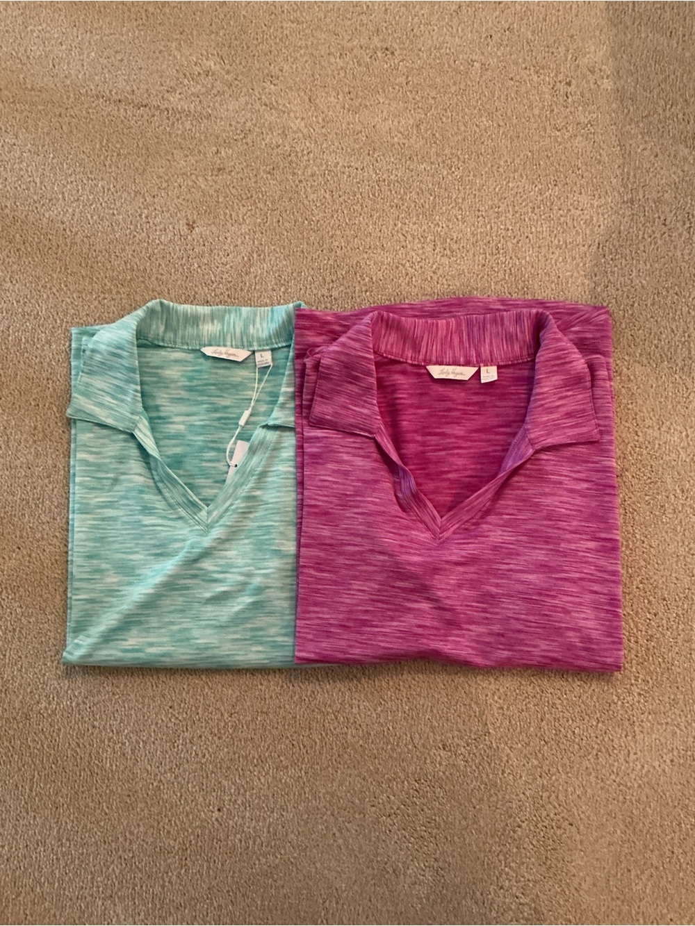 Lady Hagen Aqua and Magenta Space-Dyed V-Neck Polo Tops
